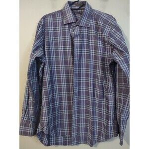 Peter Millar Dress Shirt Mens Large Purple Gray Plaid Flannel Cotton Button Up